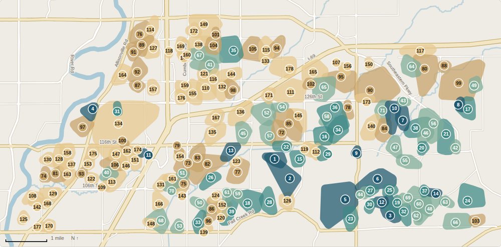 Map of Fishers neighborhoods shaded by median sale price