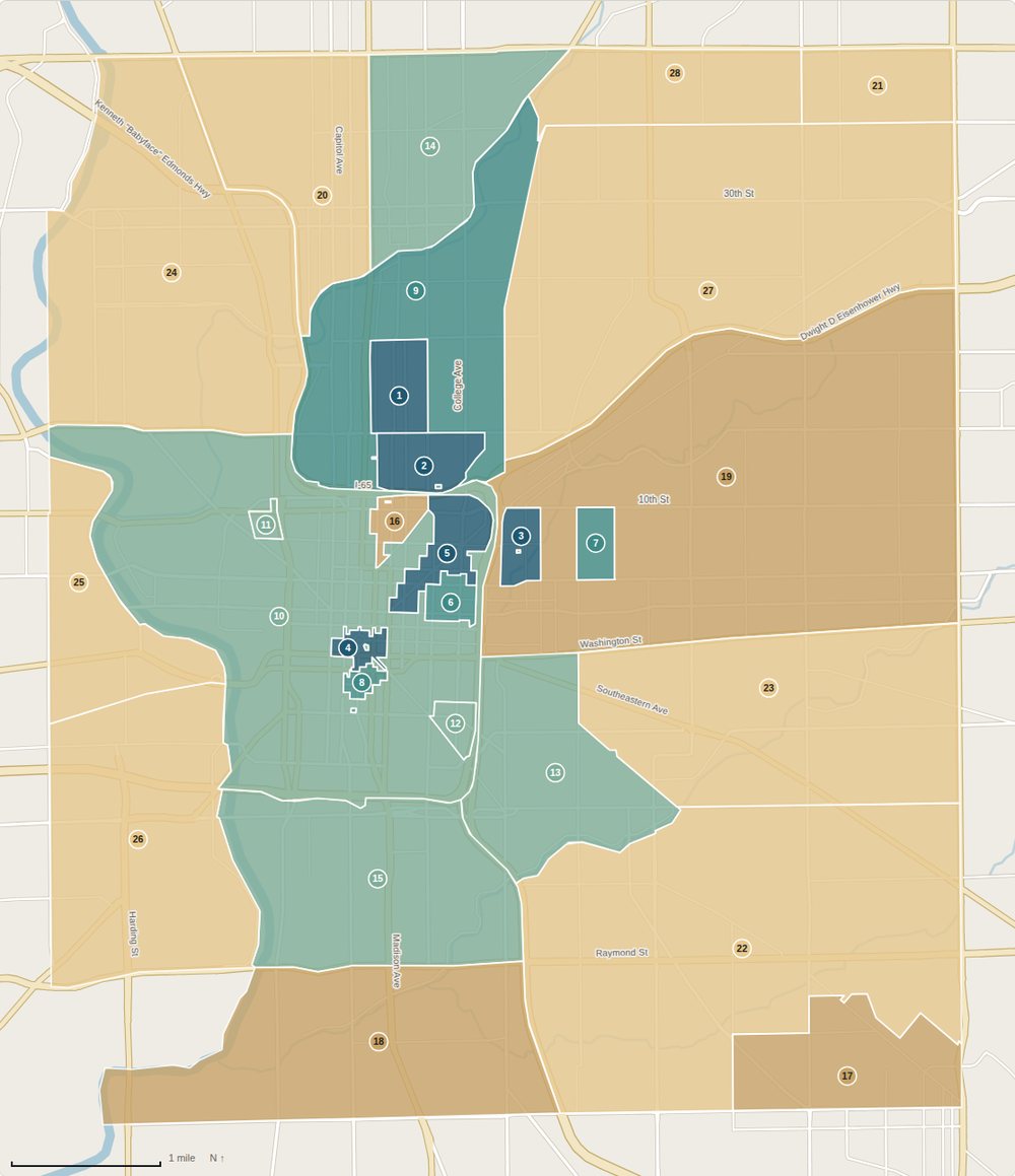 Map of Indianapolis Center Township neighborhoods shaded by median sale price