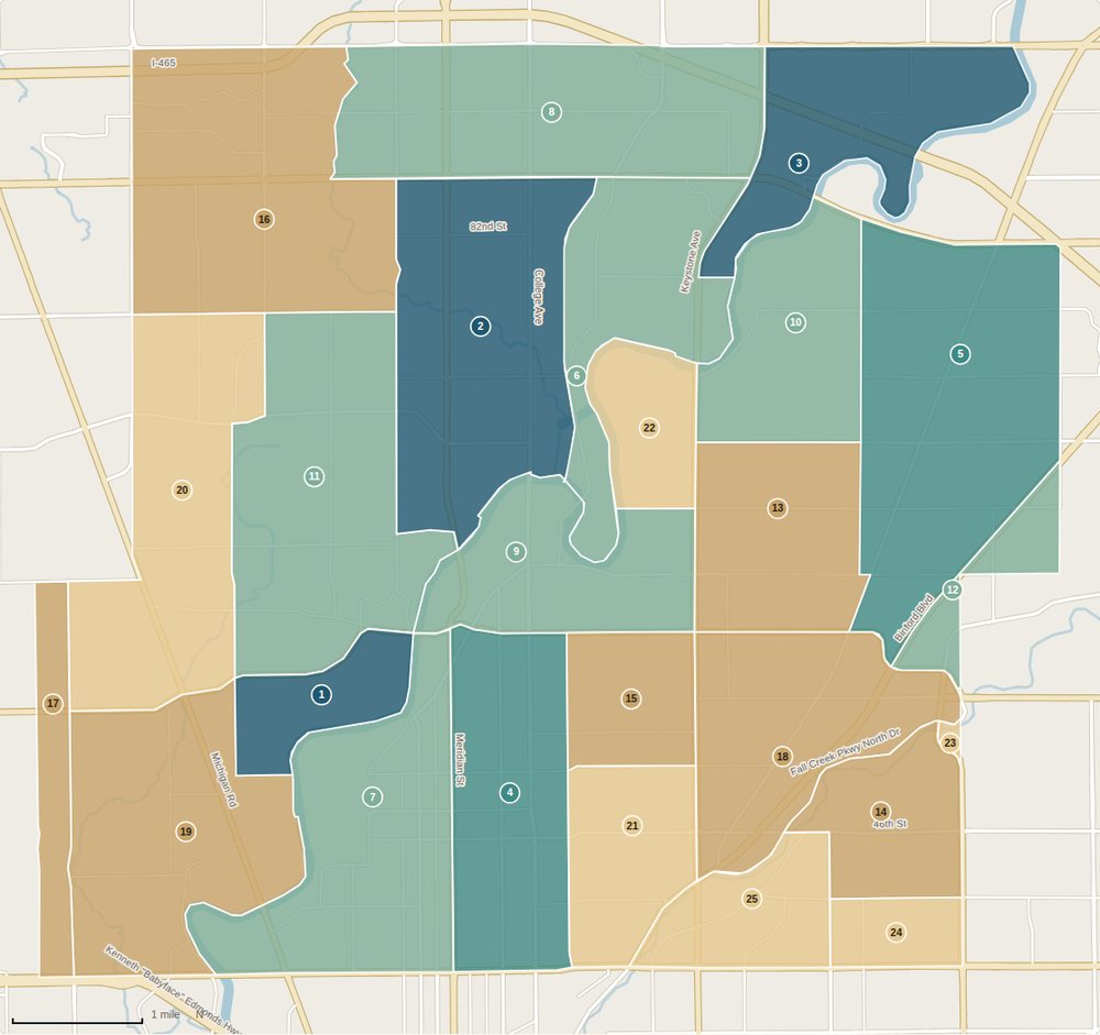 Map of Indianapolis north side neighborhoods shaded by median sale price