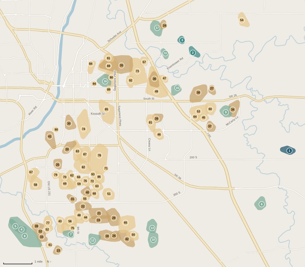 Map of Lafayette neighborhoods shaded by median sale price