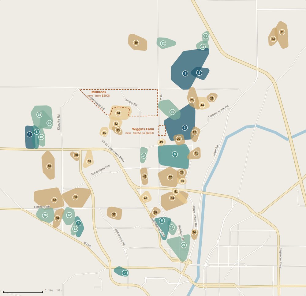 Map of West Lafayette neighborhoods shaded by median sale price