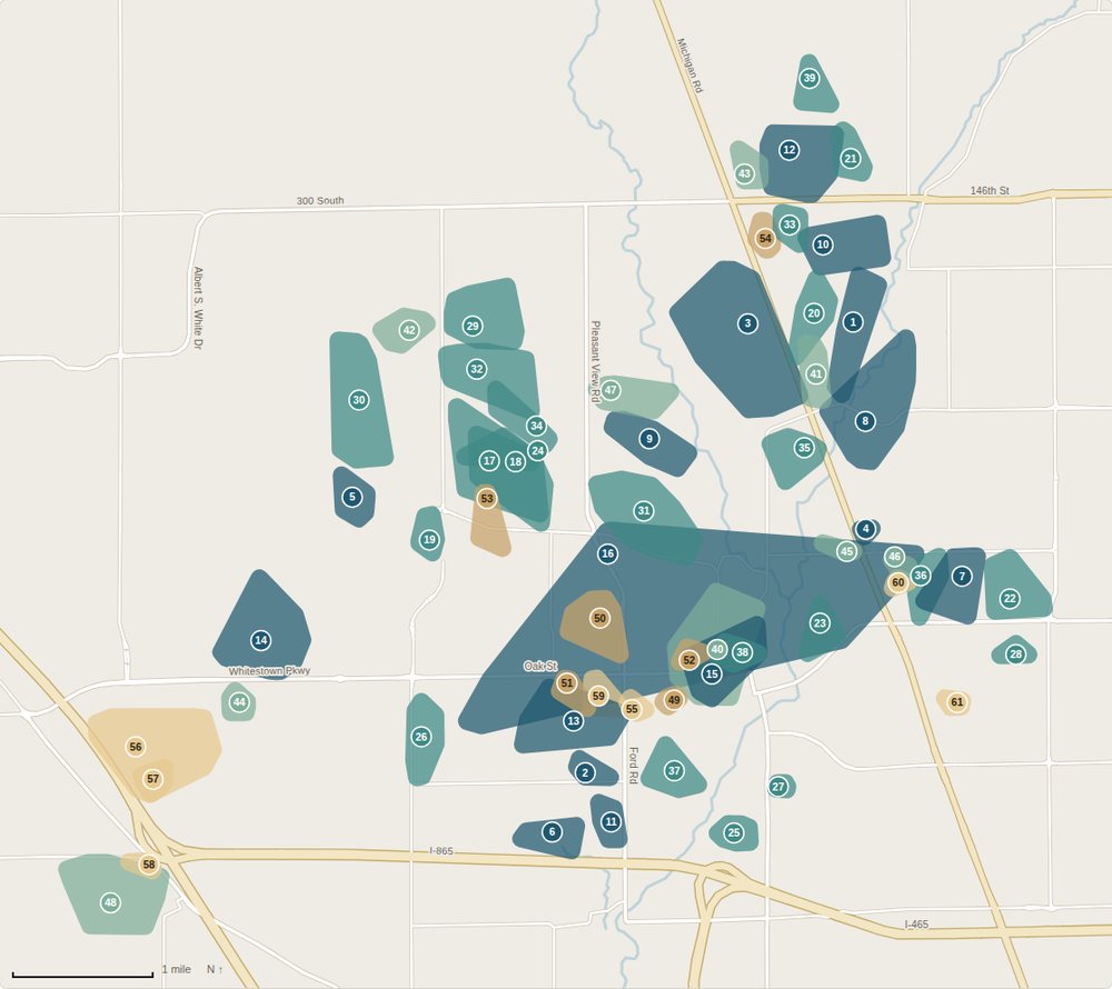 Map of Zionsville neighborhoods shaded by median sale price